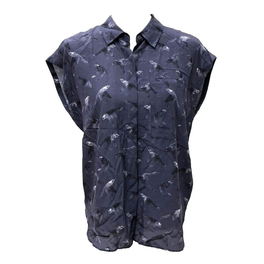 Rebecca Taylor Silk Blouse top Womens 2 Blue Bird Print Cap Sleeve Button Up